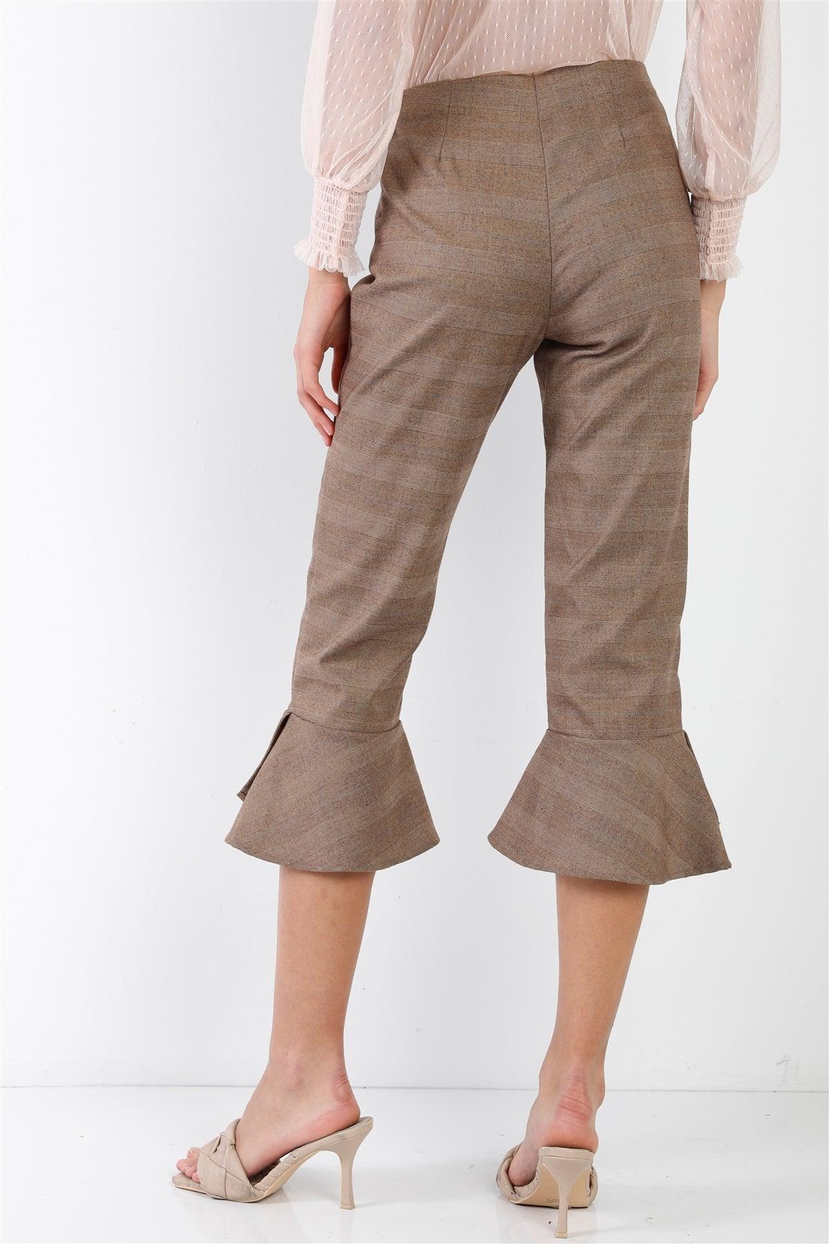 Brown Checkered High-Waisted Double Layered Ruffled Hem Capri Pants /1-2-2