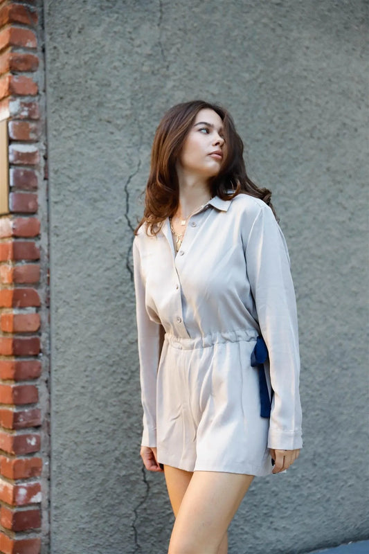 Grey Shirt Collar Blue Side Tie Details Romper /2-3-1 - Tasha Apparel Wholesale