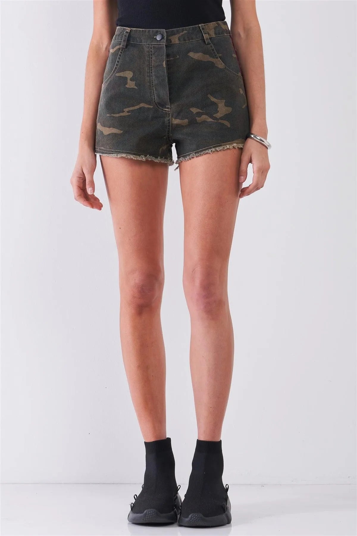 Camo High-Waisted Raw Hem Side Velvet Stripes Shorts /1-2-2-1 - Tasha Apparel Wholesale