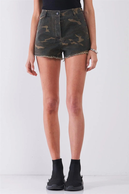 Camo High-Waisted Raw Hem Side Velvet Stripes Shorts /1-2-2-1 - Tasha Apparel Wholesale