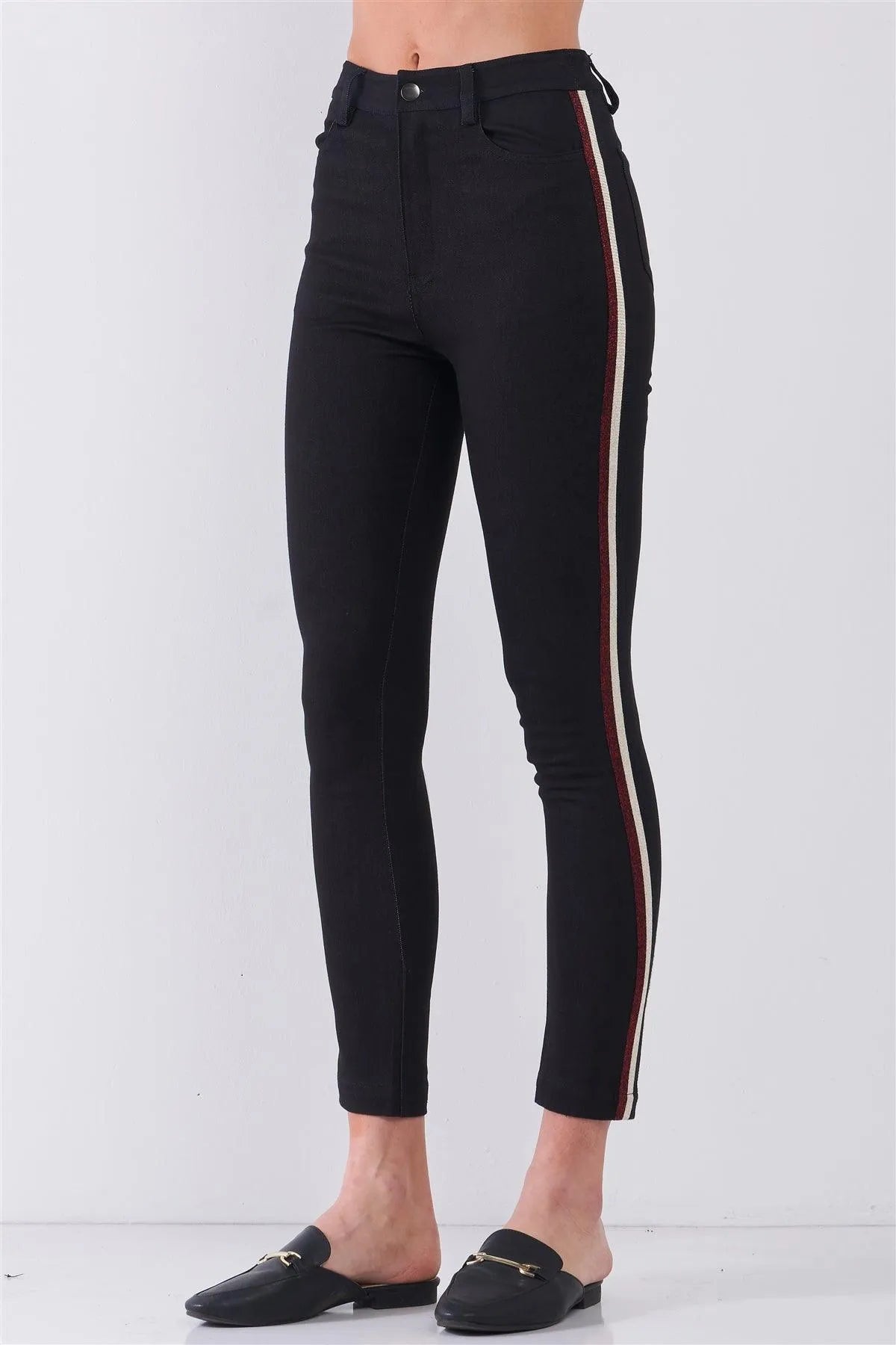 Black Mid-Rise Glitter Multi-Stripe Side Trim Detail Skinny Pants /1-2-2-1 - Tasha Apparel Wholesale