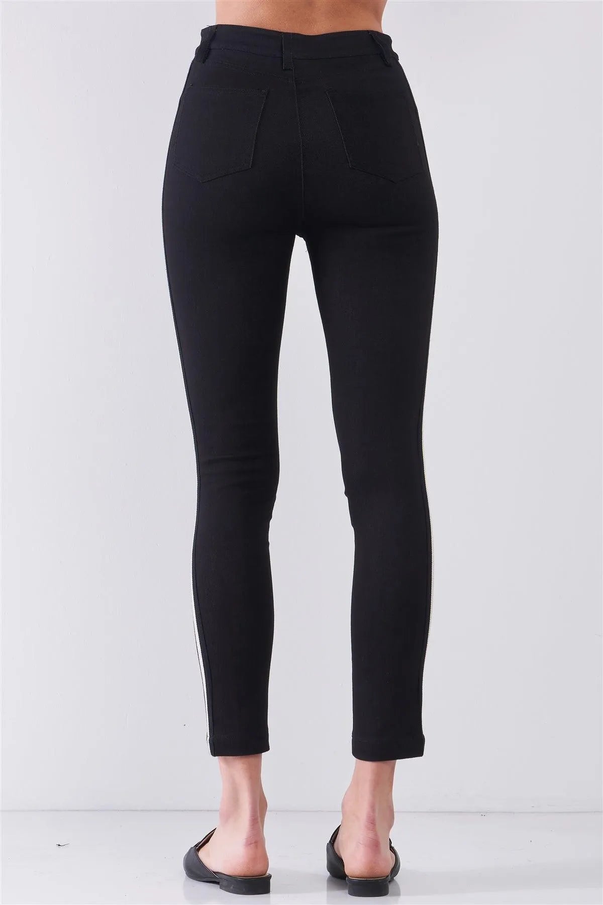 Black Mid-Rise Glitter Multi-Stripe Side Trim Detail Skinny Pants /1-2-2-1 - Tasha Apparel Wholesale