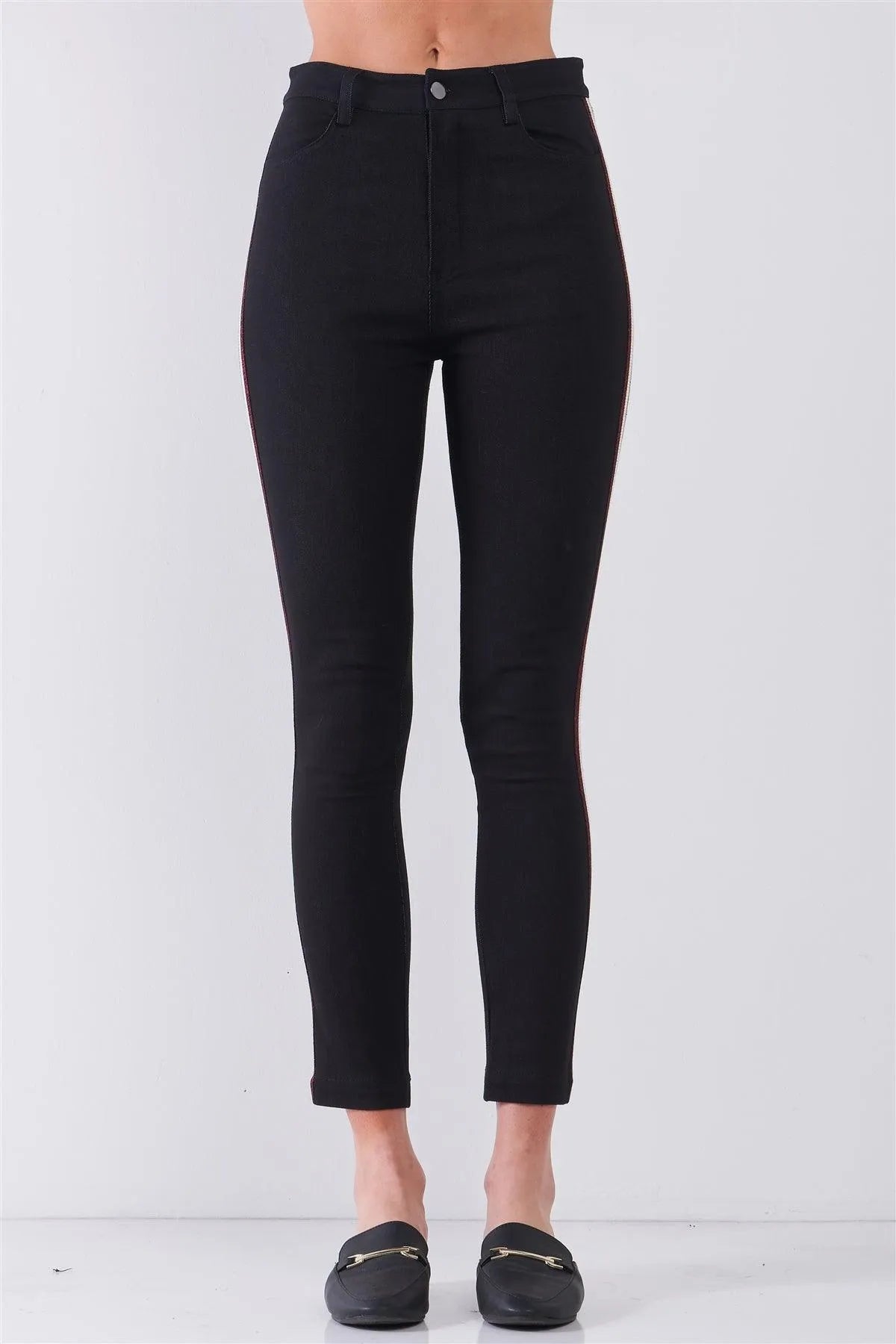 Black Mid-Rise Glitter Multi-Stripe Side Trim Detail Skinny Pants /1-2-2-1 - Tasha Apparel Wholesale