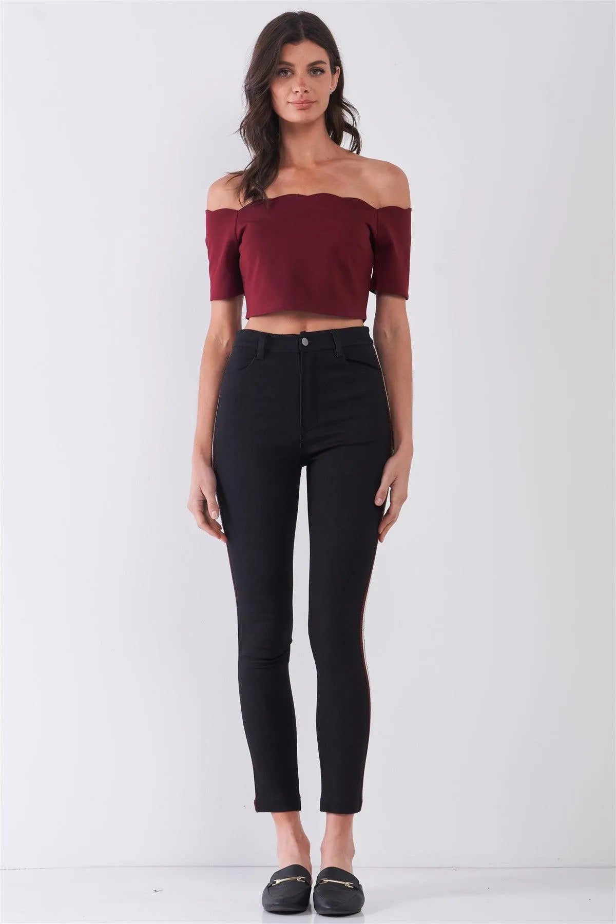 Black Mid-Rise Glitter Multi-Stripe Side Trim Detail Skinny Pants /1-2-2-1 - Tasha Apparel Wholesale