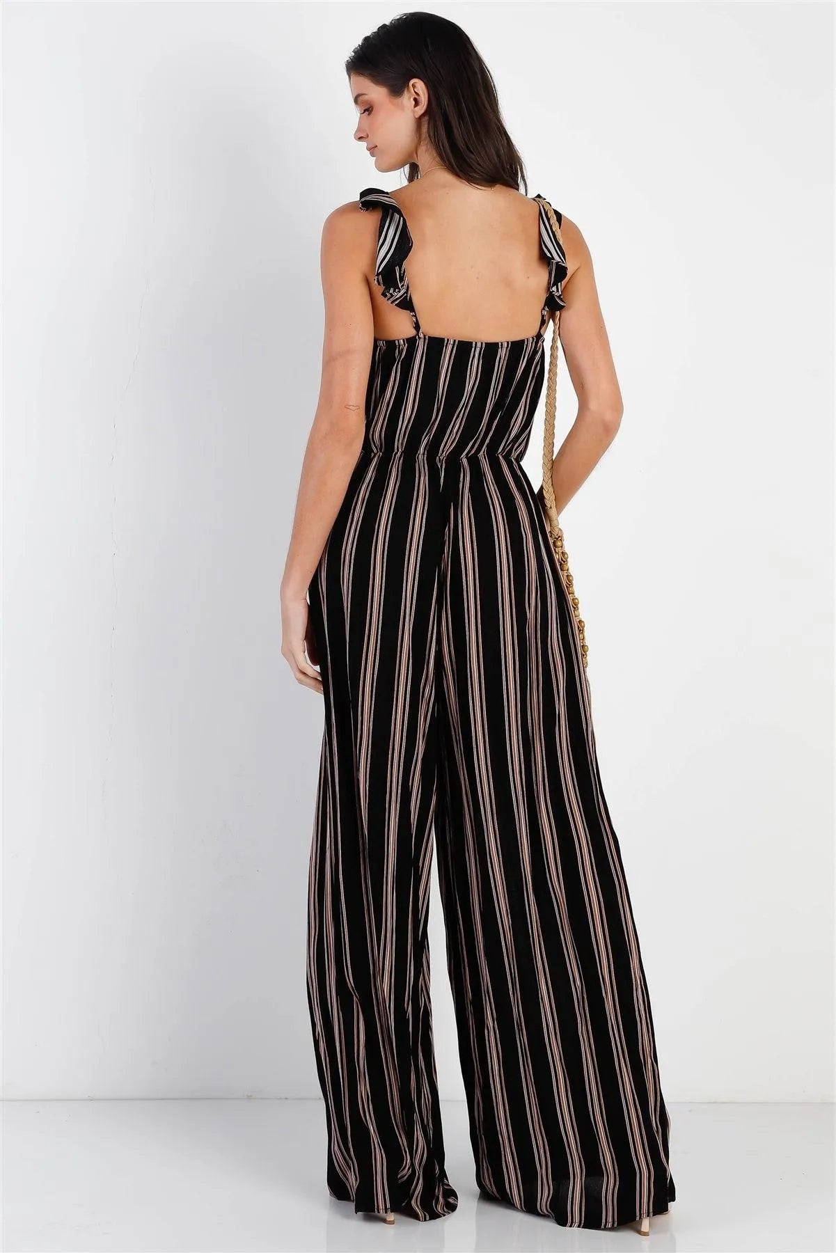 Black Tan Stripe Front Button Down Self-Tie Detail Wide Leg Jumpsuit /1-2-2-1 - Tasha Apparel Wholesale