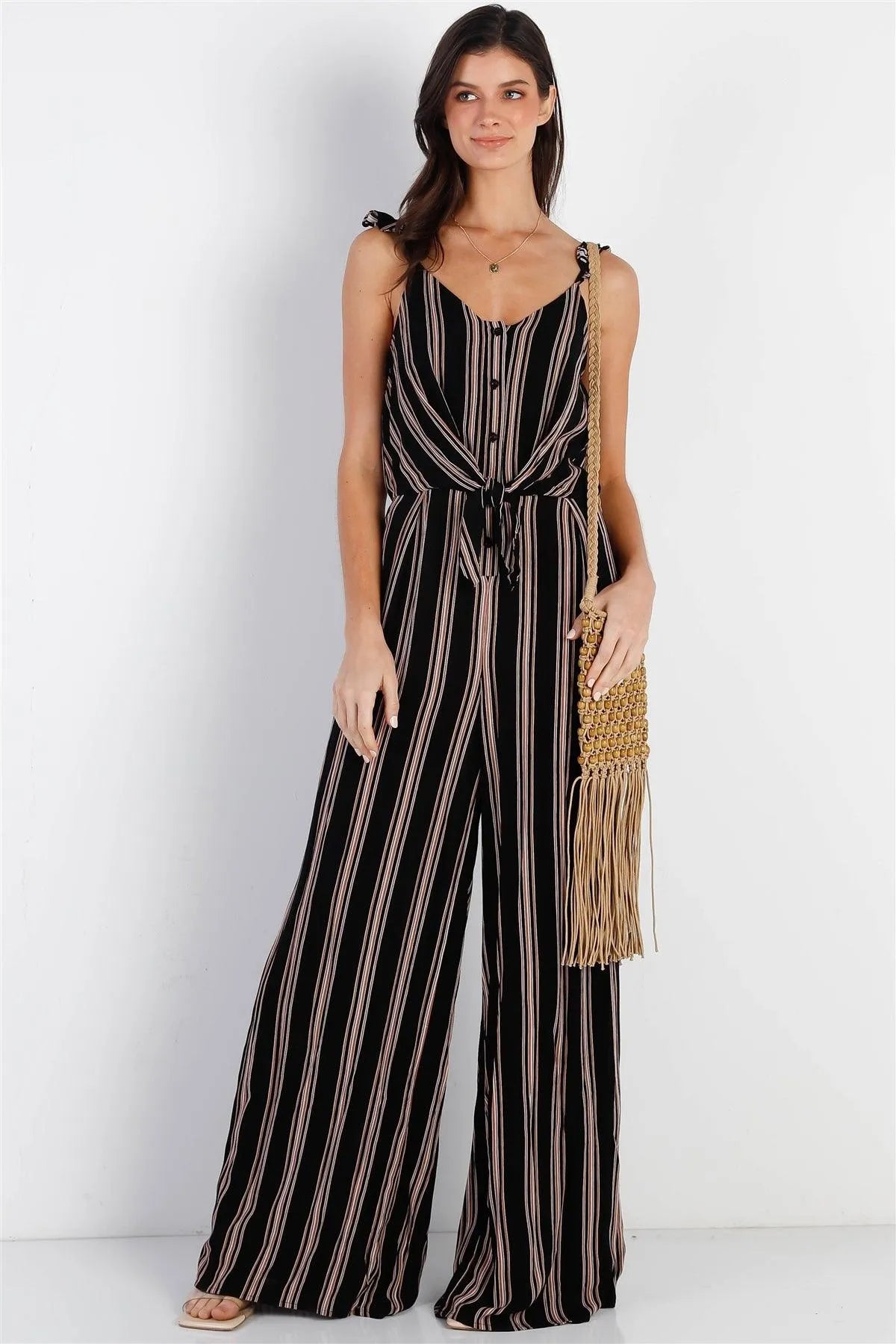 Black Tan Stripe Front Button Down Self-Tie Detail Wide Leg Jumpsuit /3-2-1-1 - Tasha Apparel Wholesale