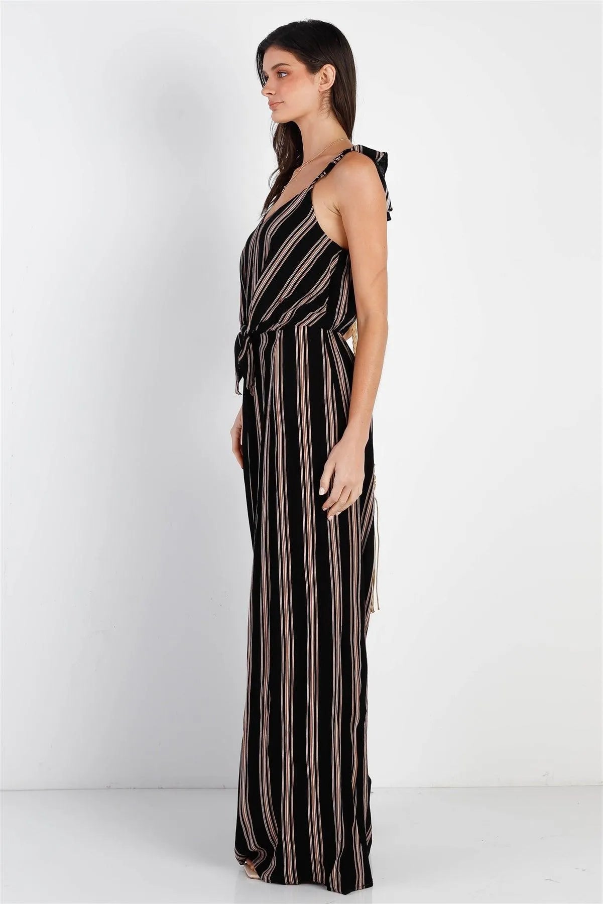 Black Tan Stripe Front Button Down Self-Tie Detail Wide Leg Jumpsuit /3-2-1-1 - Tasha Apparel Wholesale