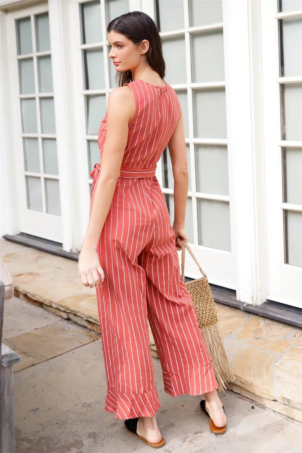 Rust Striped V-Neck Self-Tie Belt Flare Hem Wide Leg Jumpsuit /2-1-2-1 - Tasha Apparel Wholesale