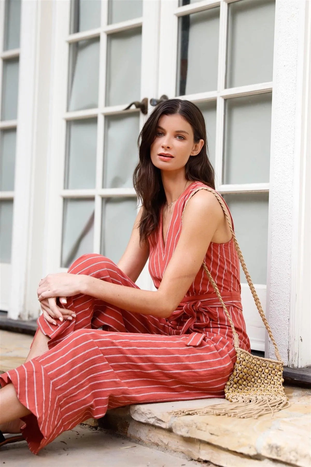 Rust Striped V-Neck Self-Tie Belt Flare Hem Wide Leg Jumpsuit /2-1-2-1 - Tasha Apparel Wholesale