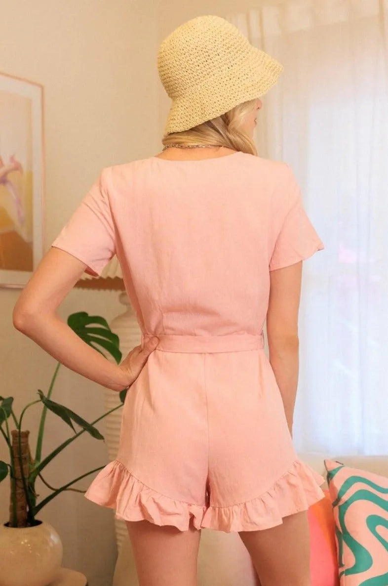 Pink Linen Button Up Ruffle Hem Belted Romper - Tasha Apparel Wholesale