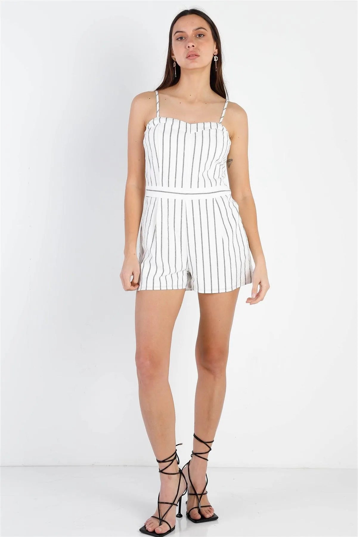 White Stripe Cotton Sleeveless Romper /1-2-2-1 - Tasha Apparel Wholesale
