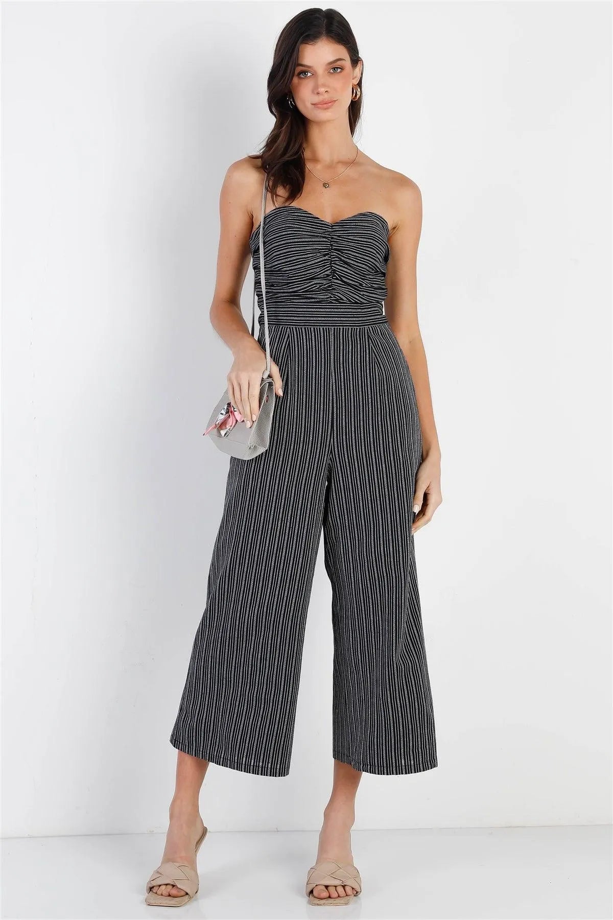Black Stripe Textured Front Ruched Detail Sleeveless Culotte Leg Jumpsuit /1-2-2-1 - Tasha Apparel Wholesale