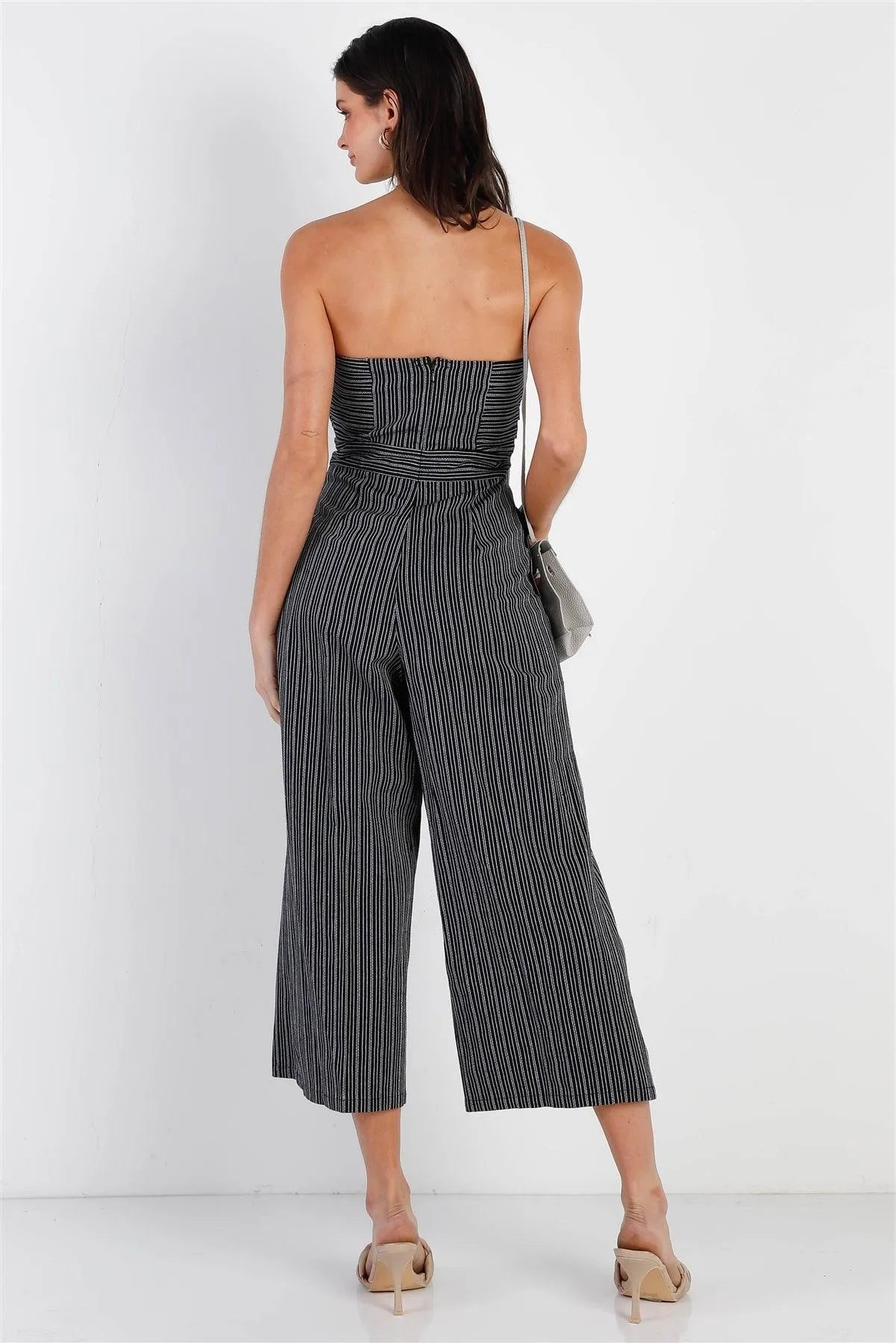 Black Stripe Textured Front Ruched Detail Sleeveless Culotte Leg Jumpsuit /1-2-2-1 - Tasha Apparel Wholesale