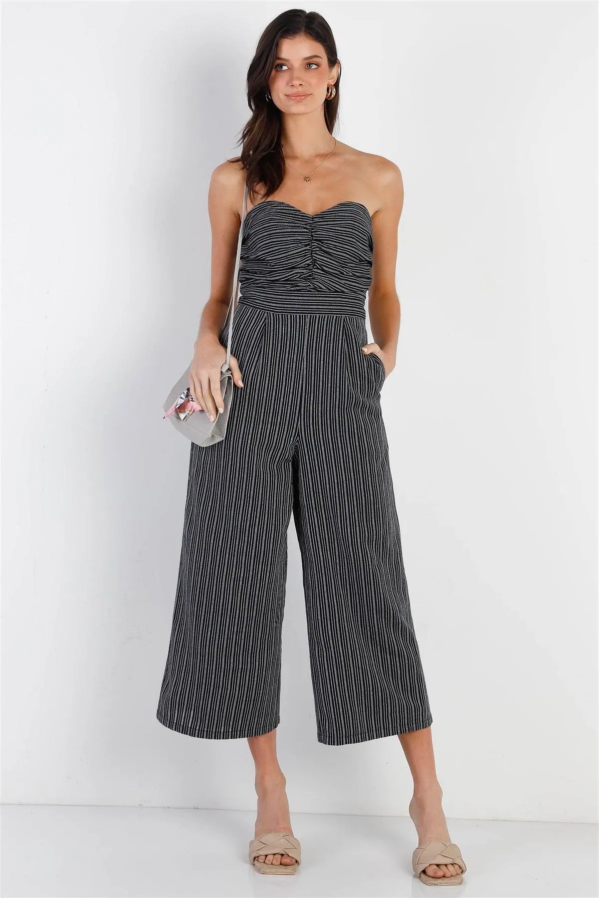 Black Stripe Textured Front Ruched Detail Sleeveless Culotte Leg Jumpsuit /1-2-2-1 - Tasha Apparel Wholesale