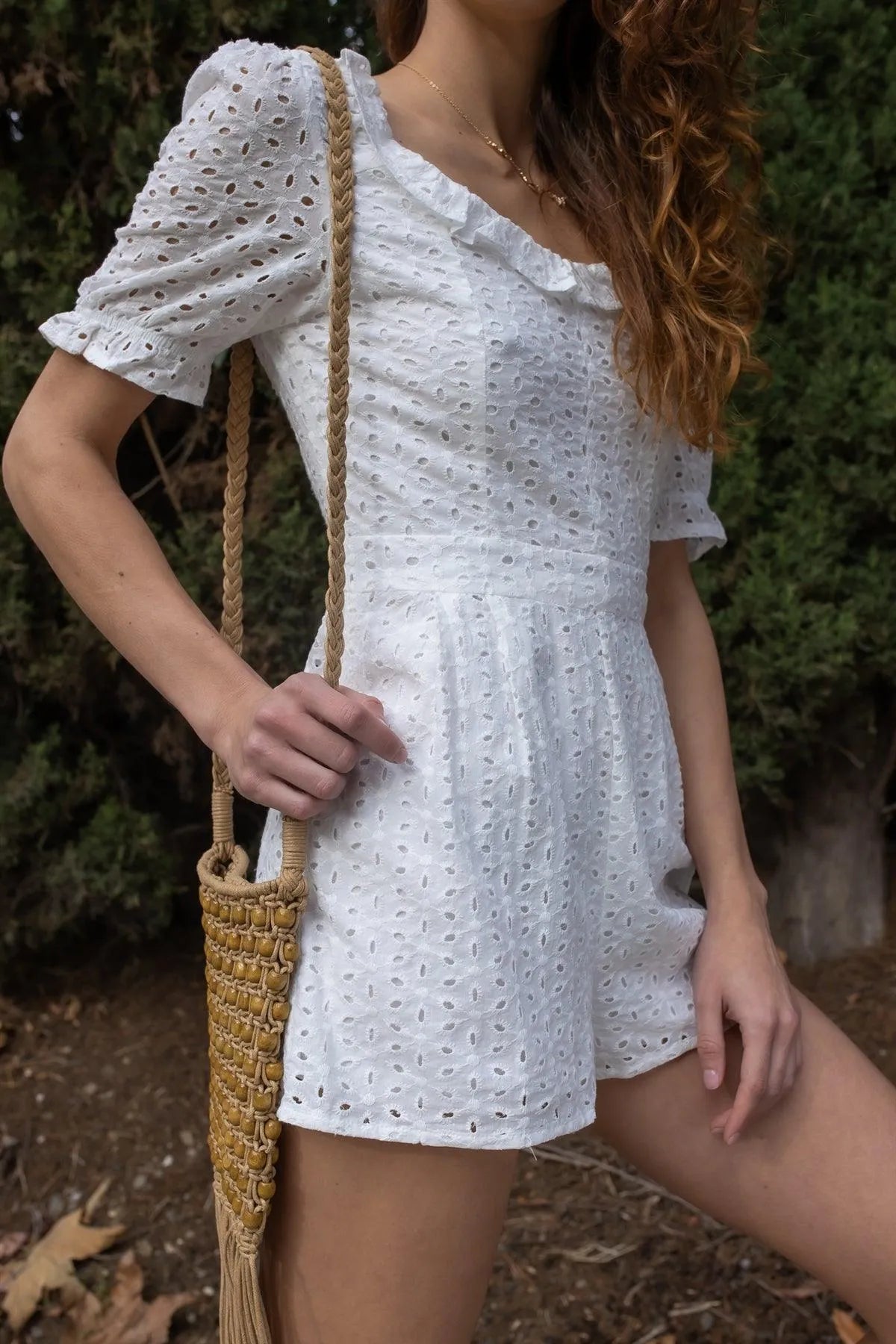 White Cotton Embroidered Ruffled Collar Short Puff Sleeve Romper /1-2-1 - Tasha Apparel Wholesale