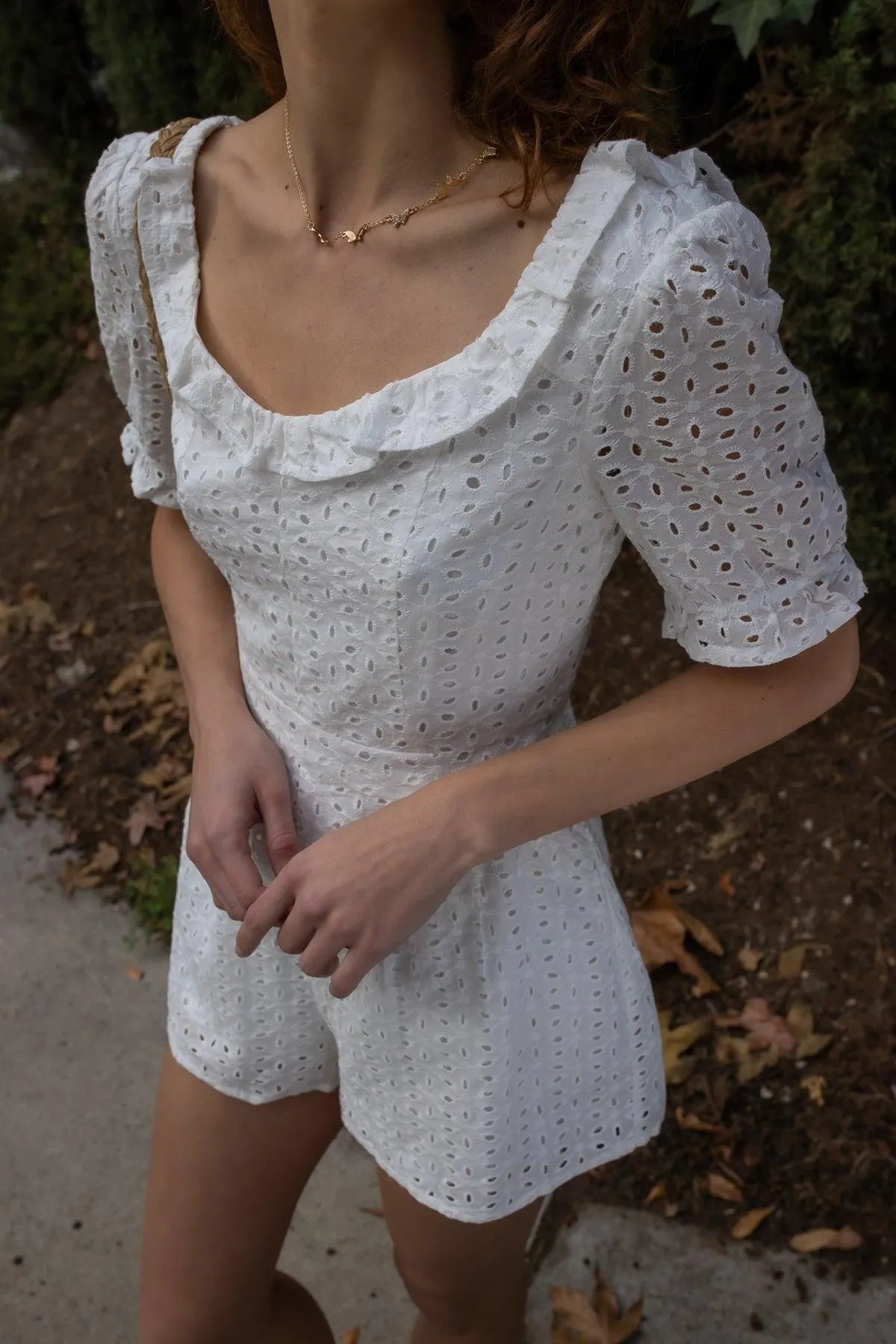 White Cotton Embroidered Ruffled Collar Short Puff Sleeve Romper /1-2-1 - Tasha Apparel Wholesale
