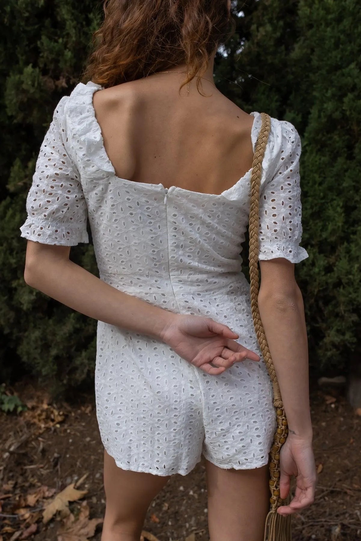 White Cotton Embroidered Ruffled Collar Short Puff Sleeve Romper /1-2-2-1 - Tasha Apparel Wholesale