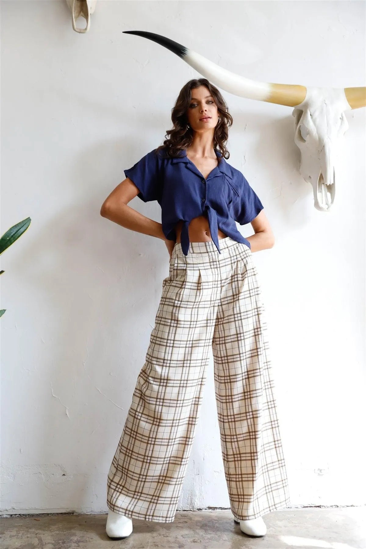 Ivory Multi Color Plaid Wide Leg Pants /1-2-2-1 - Tasha Apparel Wholesale