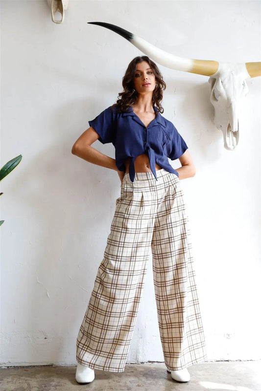 Ivory Multi Color Plaid Wide Leg Pants /1-2-2-1 - Tasha Apparel Wholesale