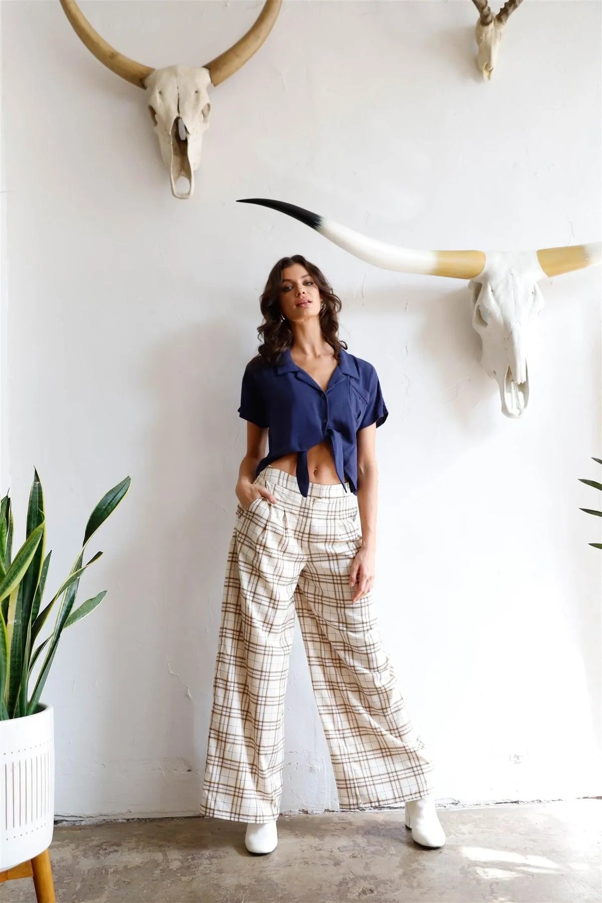 Ivory Multi Color Plaid Wide Leg Pants /1-2-2-1 - Tasha Apparel Wholesale