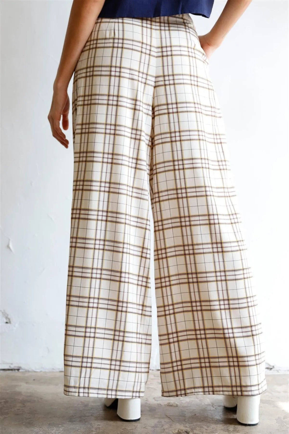 Ivory Multi Color Plaid Wide Leg Pants /1-2-2-1 - Tasha Apparel Wholesale