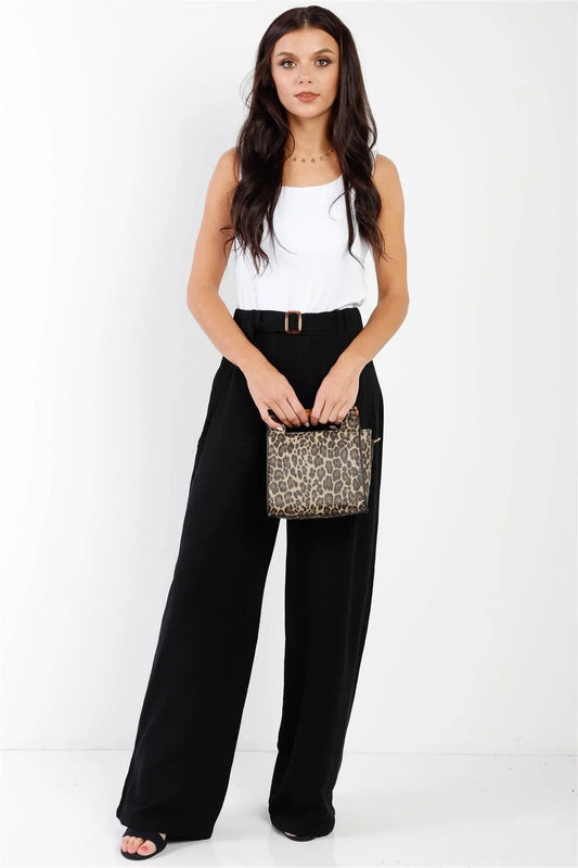 Black Viscose & Linen Blend Belted Wide Leg Pants /1-2-2-1 - Tasha Apparel Wholesale