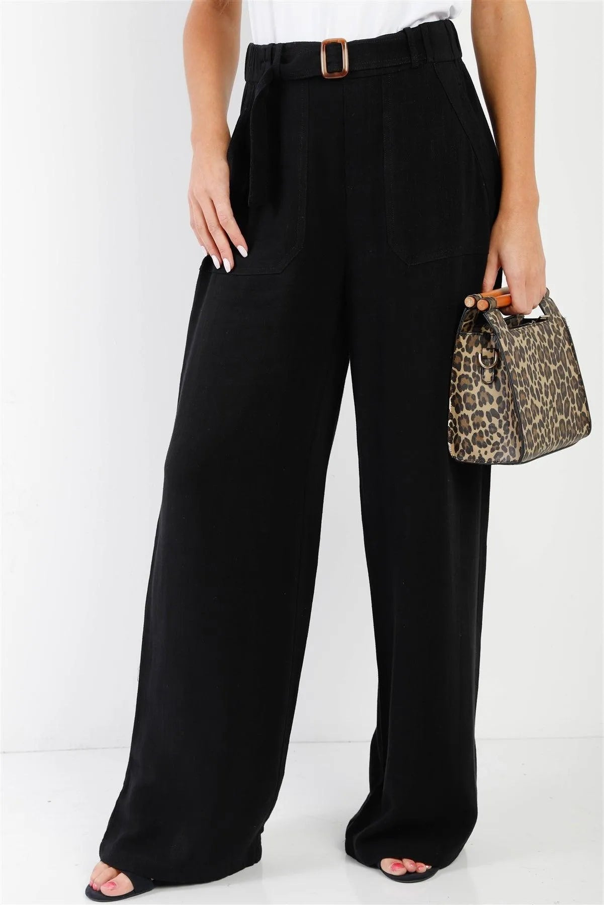 Black Viscose & Linen Blend Belted Wide Leg Pants /2-3 - Tasha Apparel Wholesale