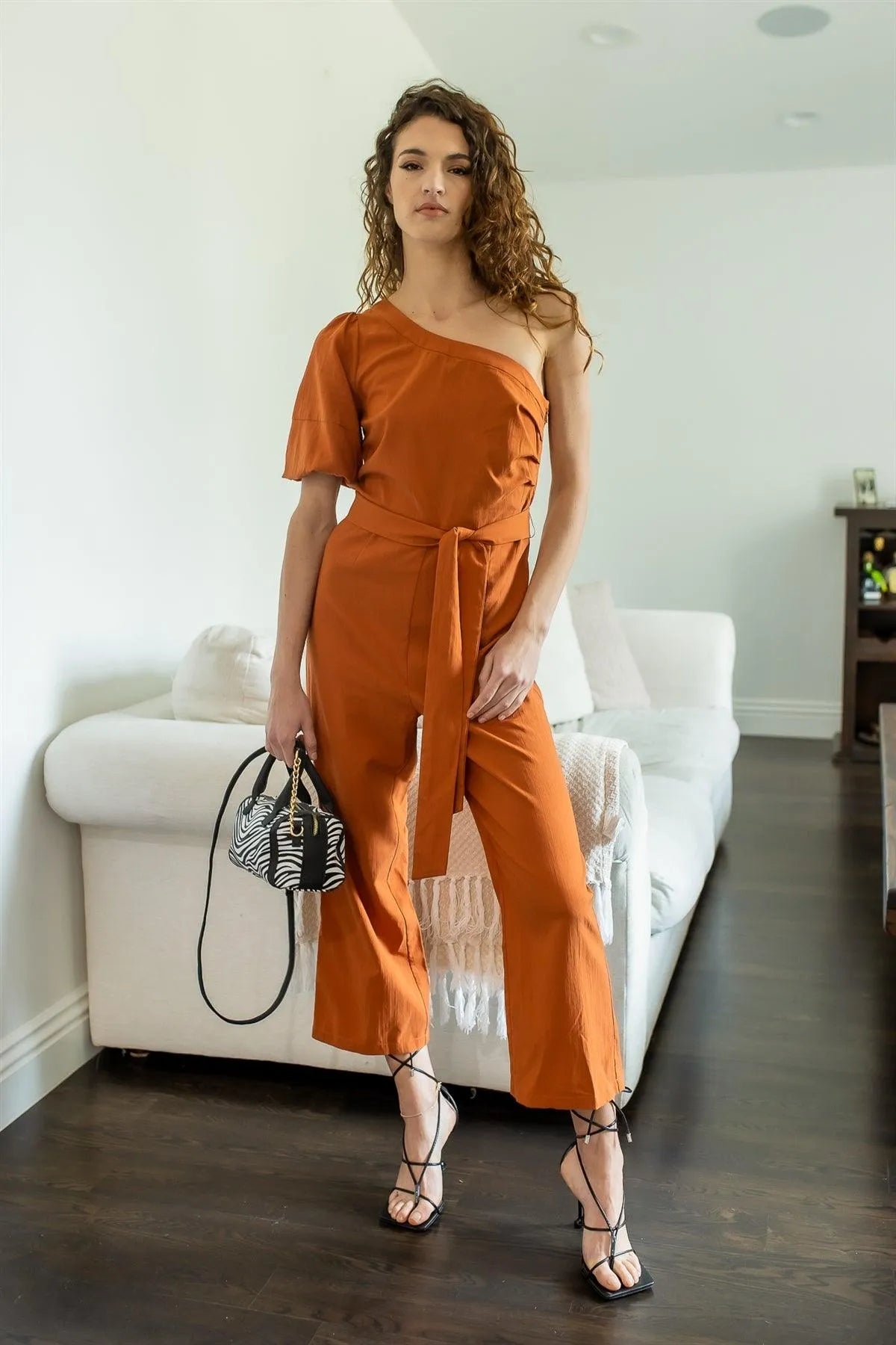 Terracotta Cotton Blend One Shoulder Puff Short Sleeve Belted Culotte Jumpsuit /2-2-1 - Tasha Apparel Wholesale