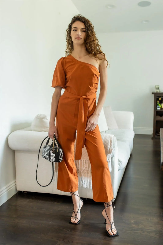 Terracotta Cotton Blend One Shoulder Puff Short Sleeve Belted Culotte Jumpsuit /2-2-1 - Tasha Apparel Wholesale