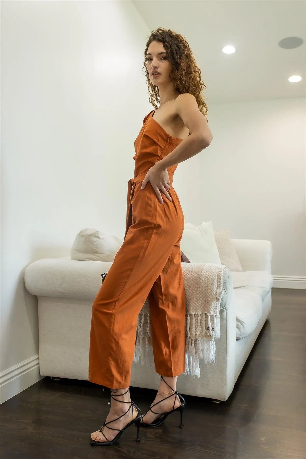 Terracotta Cotton Blend One Shoulder Puff Short Sleeve Belted Culotte Jumpsuit /2-2-1 - Tasha Apparel Wholesale
