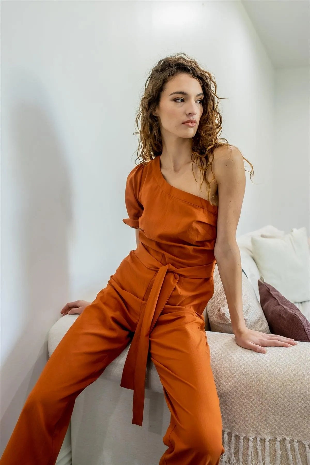 Terracotta Cotton Blend One Shoulder Puff Short Sleeve Belted Culotte Jumpsuit /2-2-1 - Tasha Apparel Wholesale