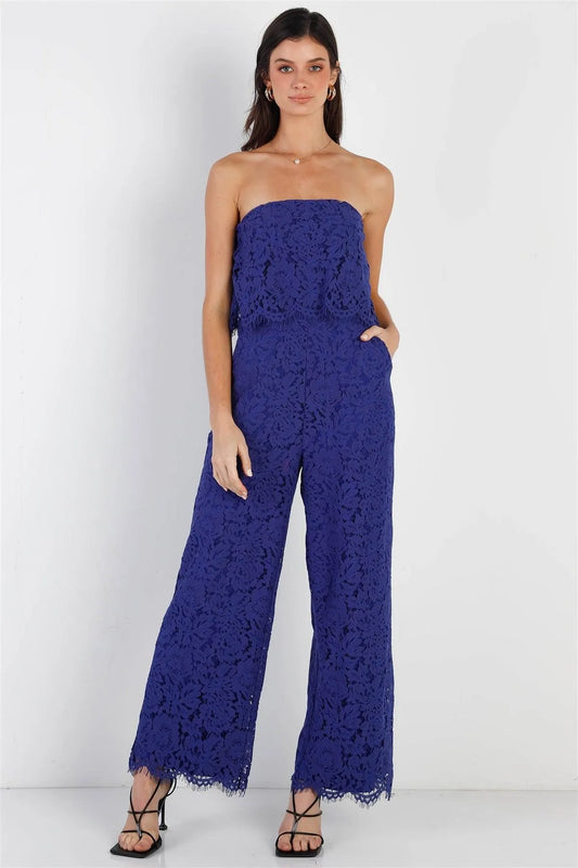 Cobalt Lace Sleeveless Wide Leg Jumpsuit /3-3 - Tasha Apparel Wholesale