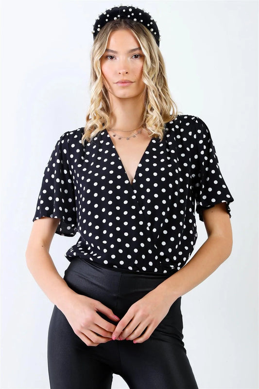 Black & White Polka Dot Front Wrap V-Neck Short Sleeve Bodysuit /1-3-2 - Tasha Apparel Wholesale