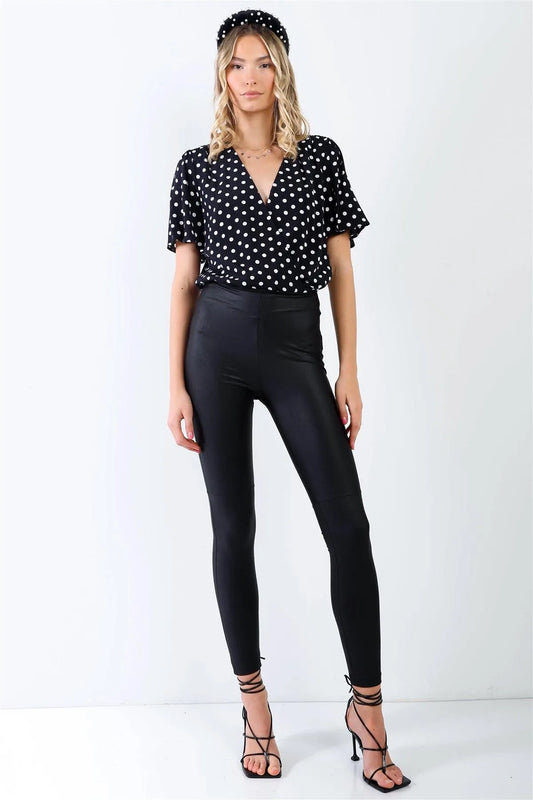 Black & White Polka Dot Front Wrap V-Neck Short Sleeve Bodysuit /1-2-2-1 - Tasha Apparel Wholesale