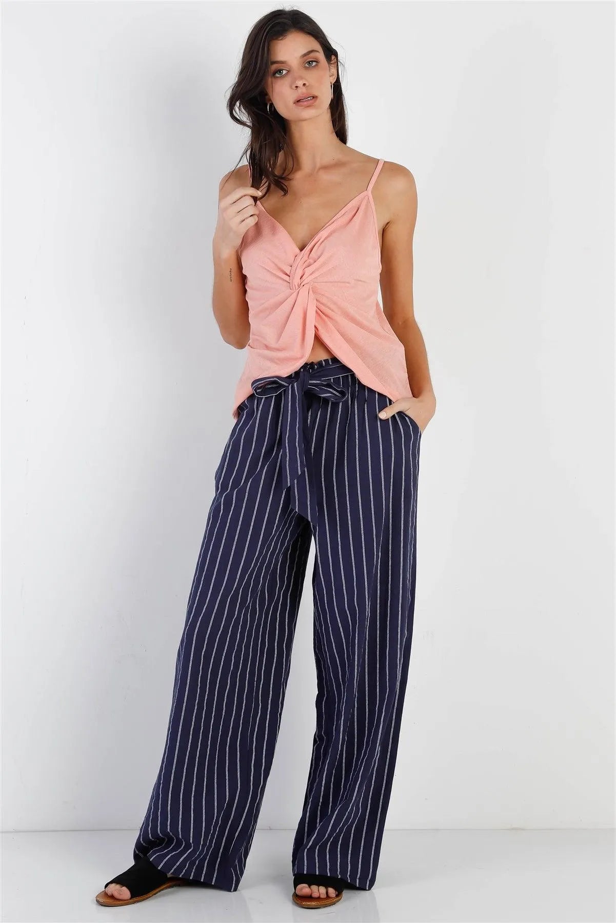 Navy & White Stripe Cotton Self-Tie Belted Wide Leg Pants /1-2-1-1 - Tasha Apparel Wholesale