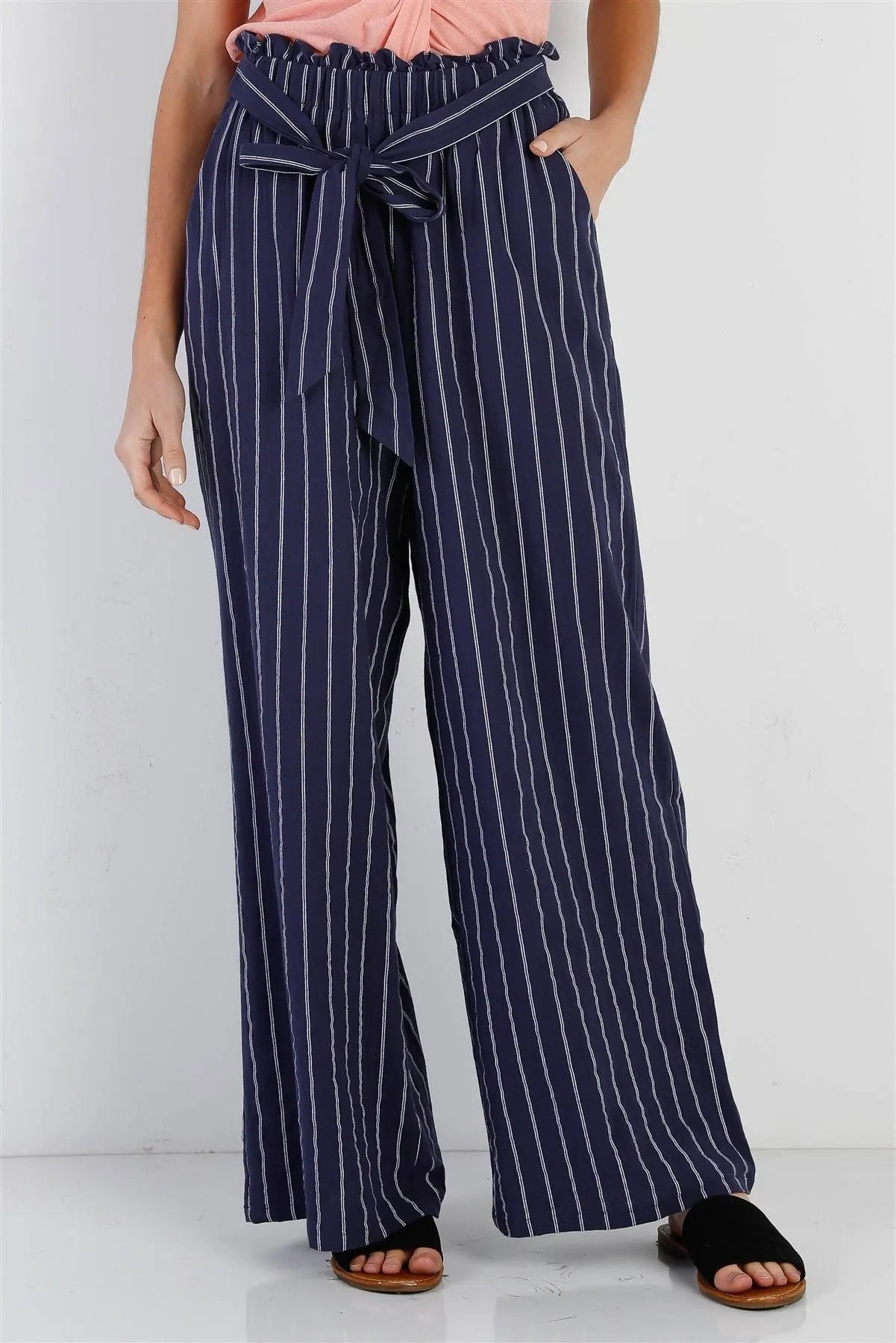 Navy & White Stripe Cotton Self-Tie Belted Wide Leg Pants /1-2-1-1 - Tasha Apparel Wholesale