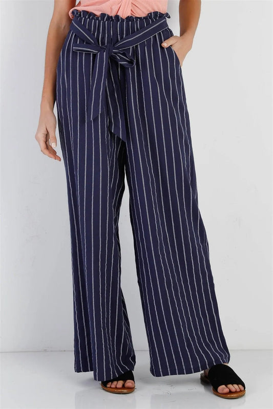 Navy & White Stripe Cotton Self-Tie Belted Wide Leg Pants /1-3-2-1 - Tasha Apparel Wholesale