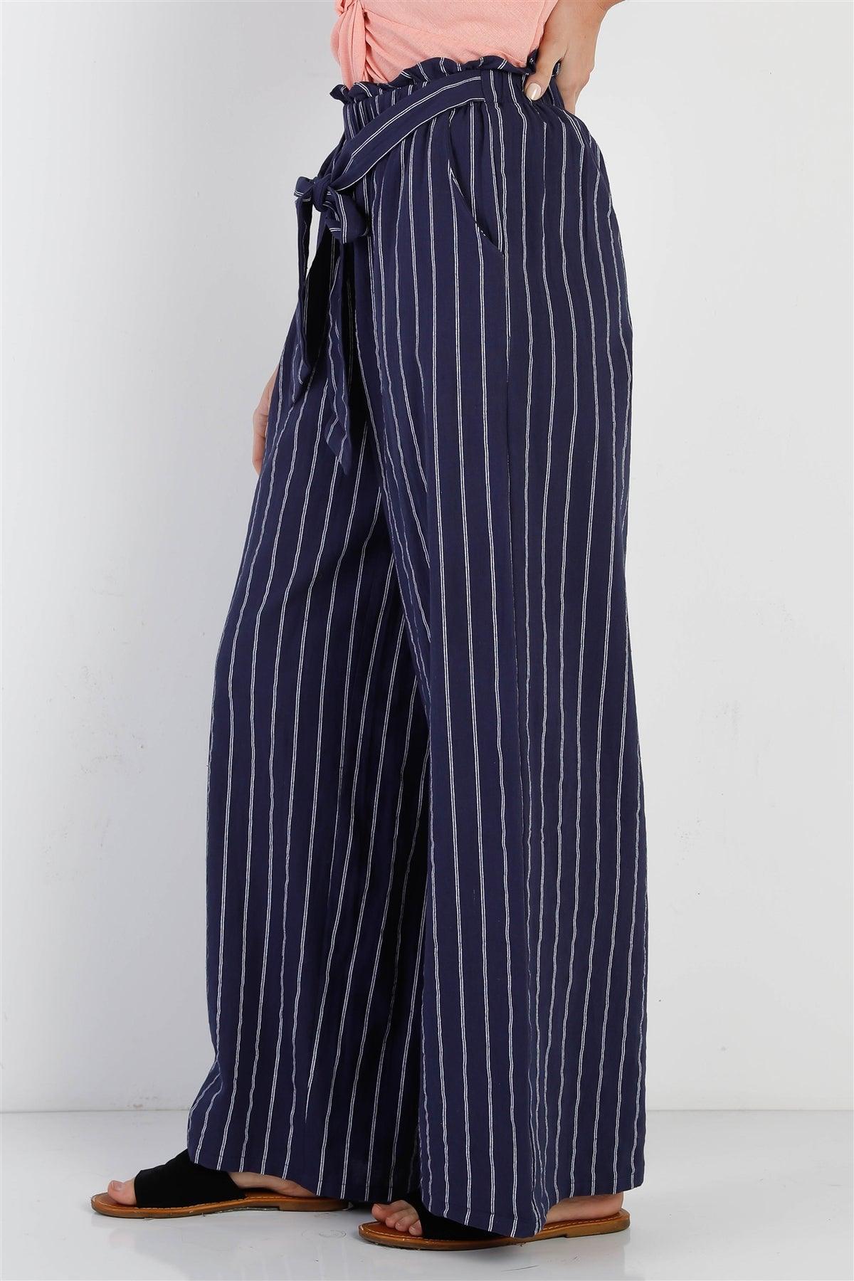 Navy & White Stripe Cotton Self-Tie Belted Wide Leg Pants /1-3-2-1