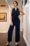 Navy Notched Collar Self-Tie Belted Cut-Out Back Detail Wide Leg Jumpsuit /1-2-2-1 - Tasha Apparel Wholesale