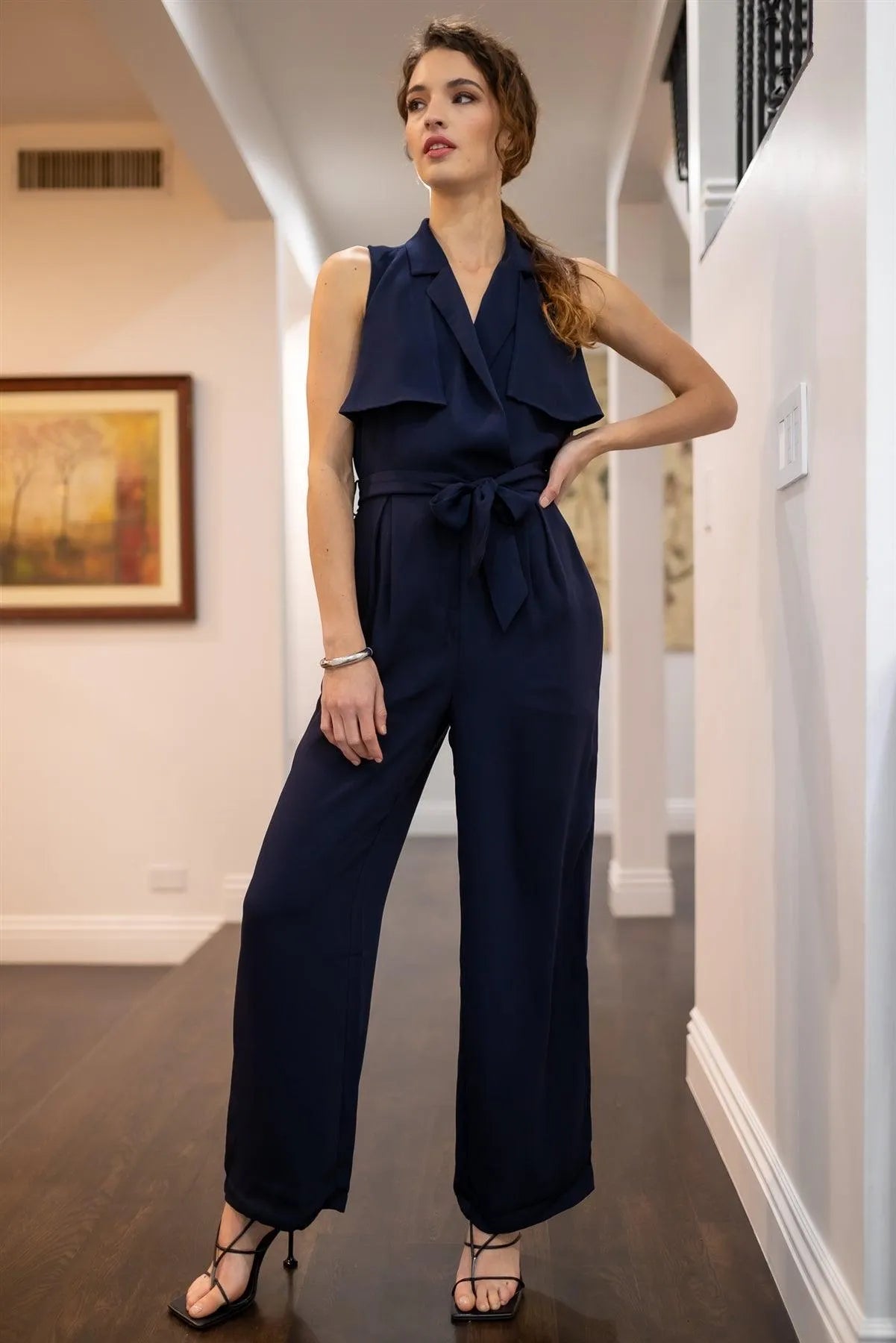 Navy Notched Collar Self-Tie Belted Cut-Out Back Detail Wide Leg Jumpsuit /1-2-2-1 - Tasha Apparel Wholesale