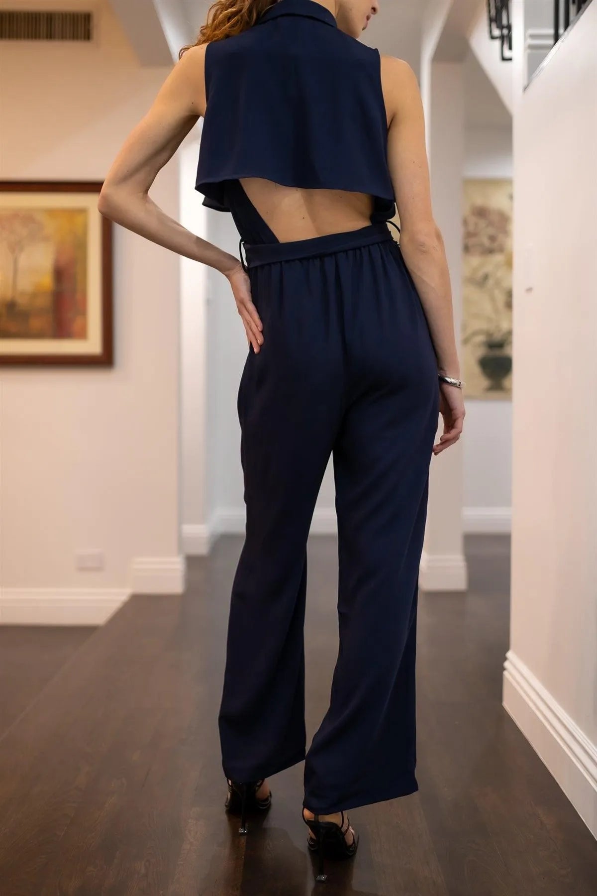 Navy Notched Collar Self-Tie Belted Cut-Out Back Detail Wide Leg Jumpsuit /1-2-2-1 - Tasha Apparel Wholesale
