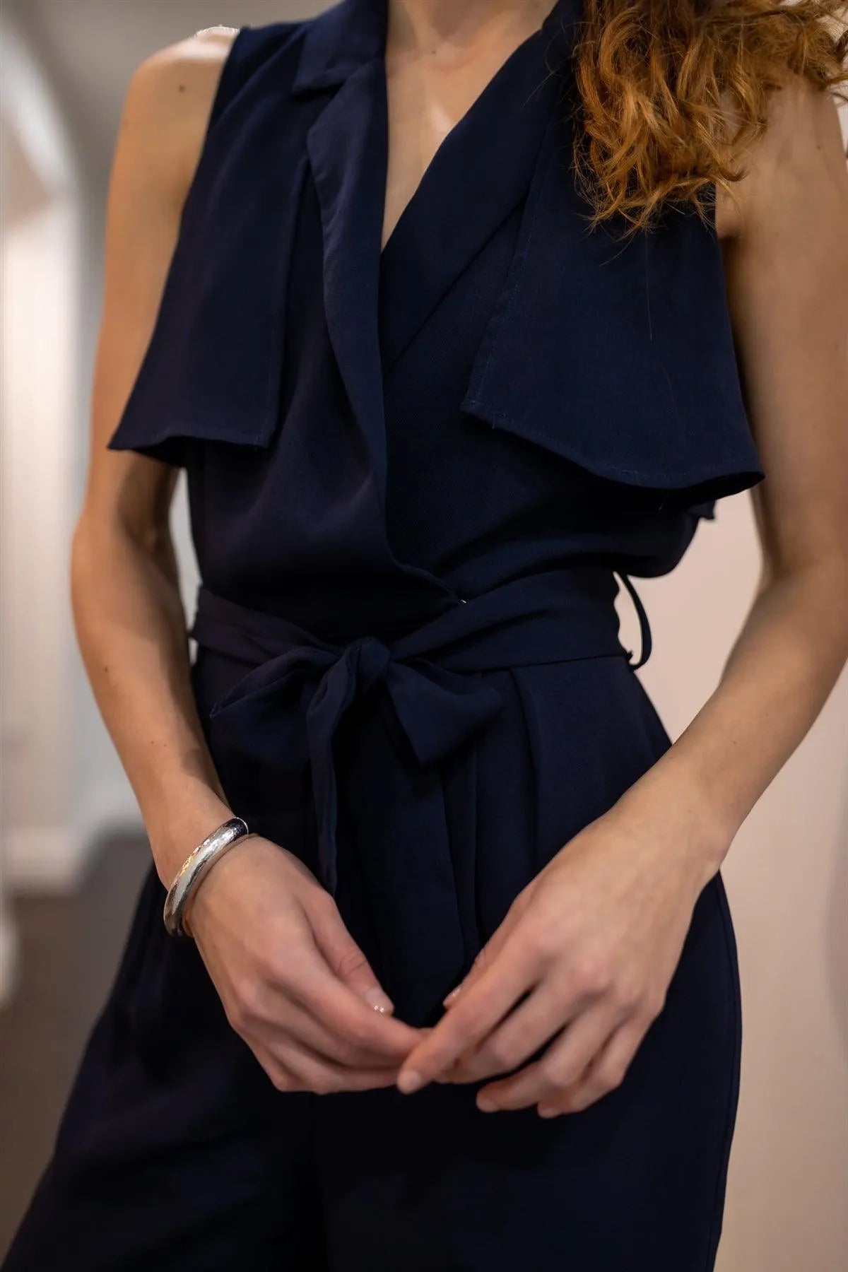 Navy Notched Collar Self-Tie Belted Cut-Out Back Detail Wide Leg Jumpsuit /1-2-2-1 - Tasha Apparel Wholesale