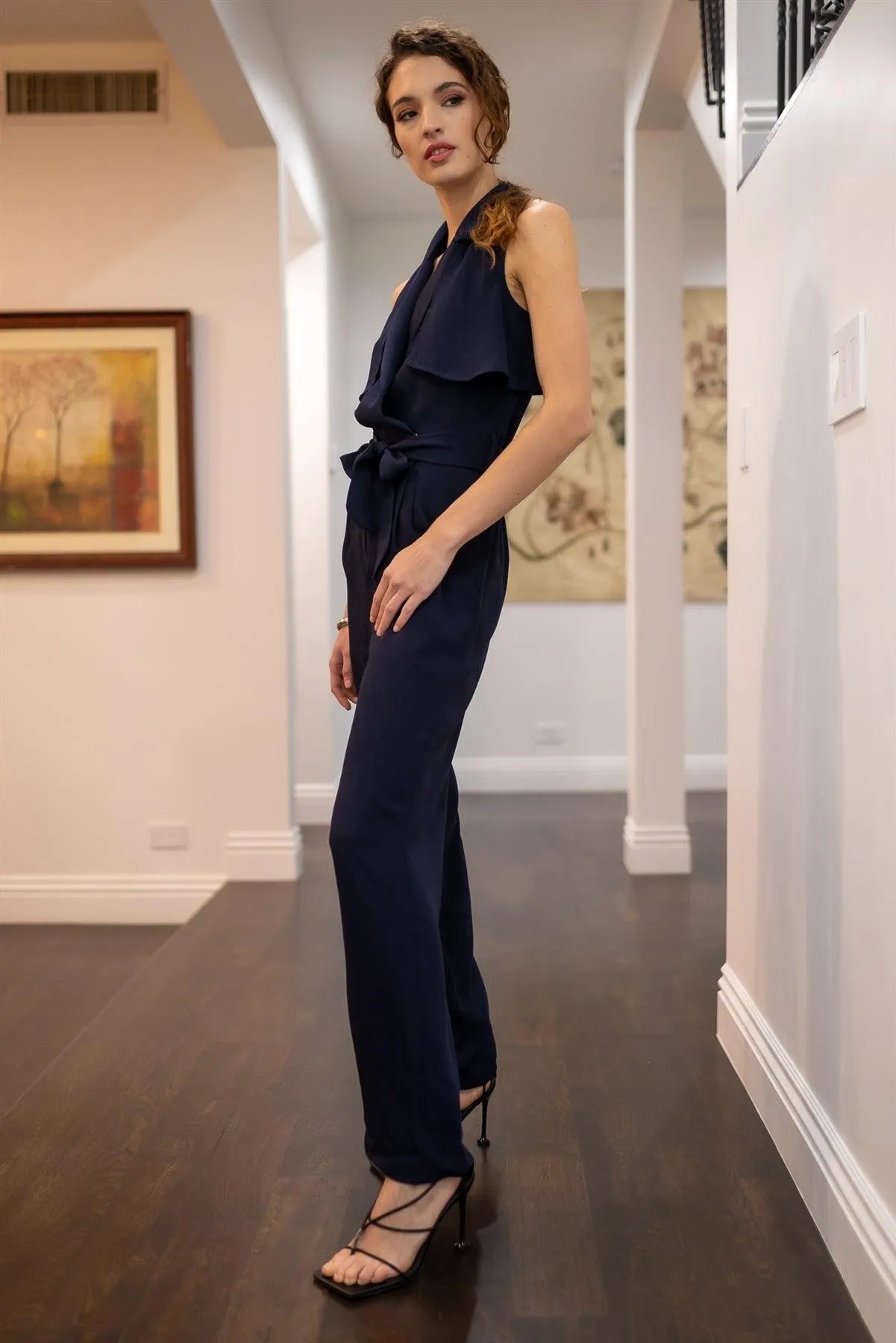 Navy Notched Collar Self-Tie Belted Cut-Out Back Detail Wide Leg Jumpsuit /1-2-2-1 - Tasha Apparel Wholesale