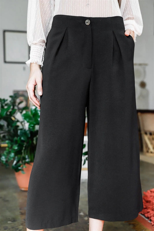 Black Fold Pleated Wide Leg Culotte Pants /2-2-1 - Tasha Apparel Wholesale