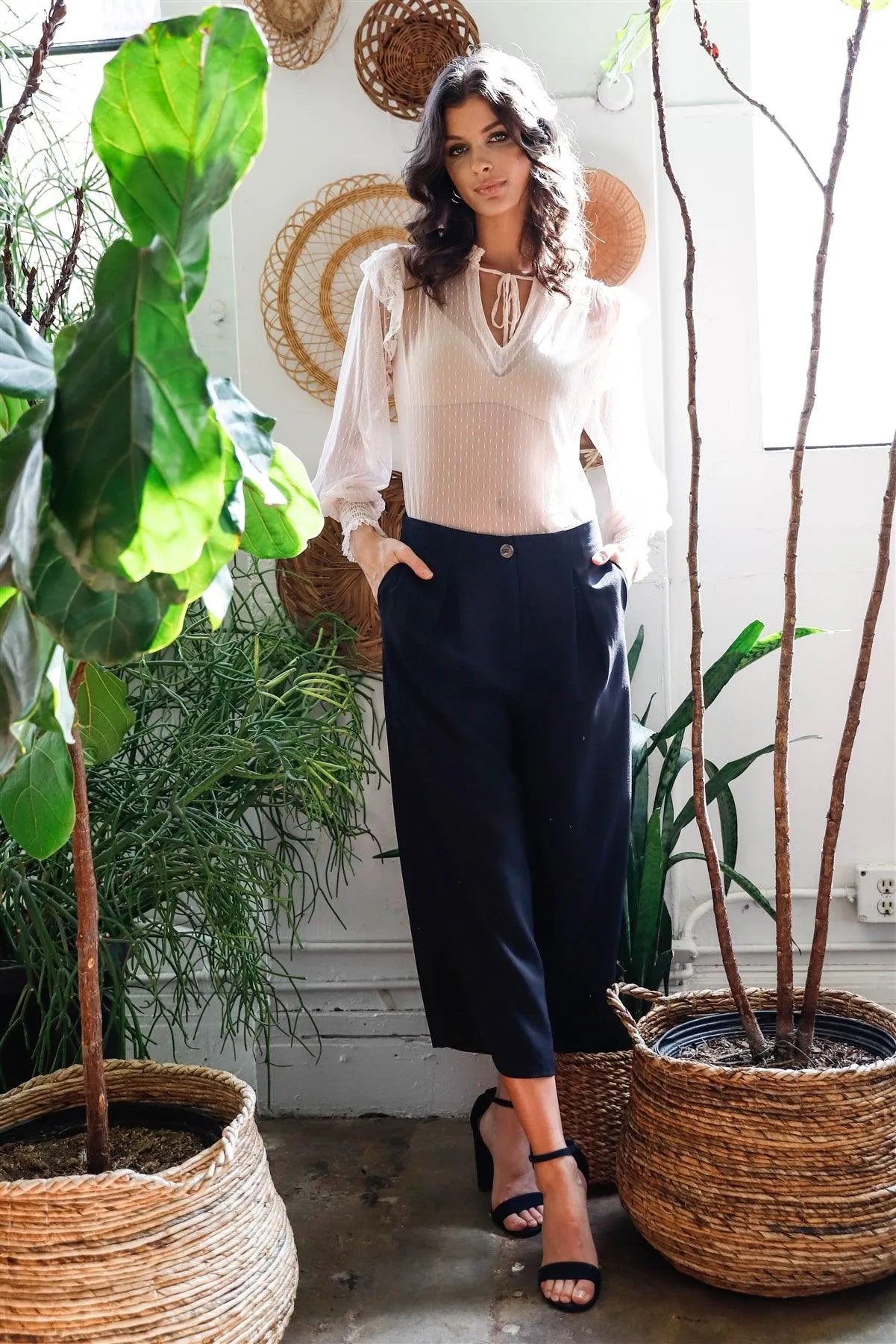 Black Fold Pleated Wide Leg Culotte Pants /2-2-1 - Tasha Apparel Wholesale