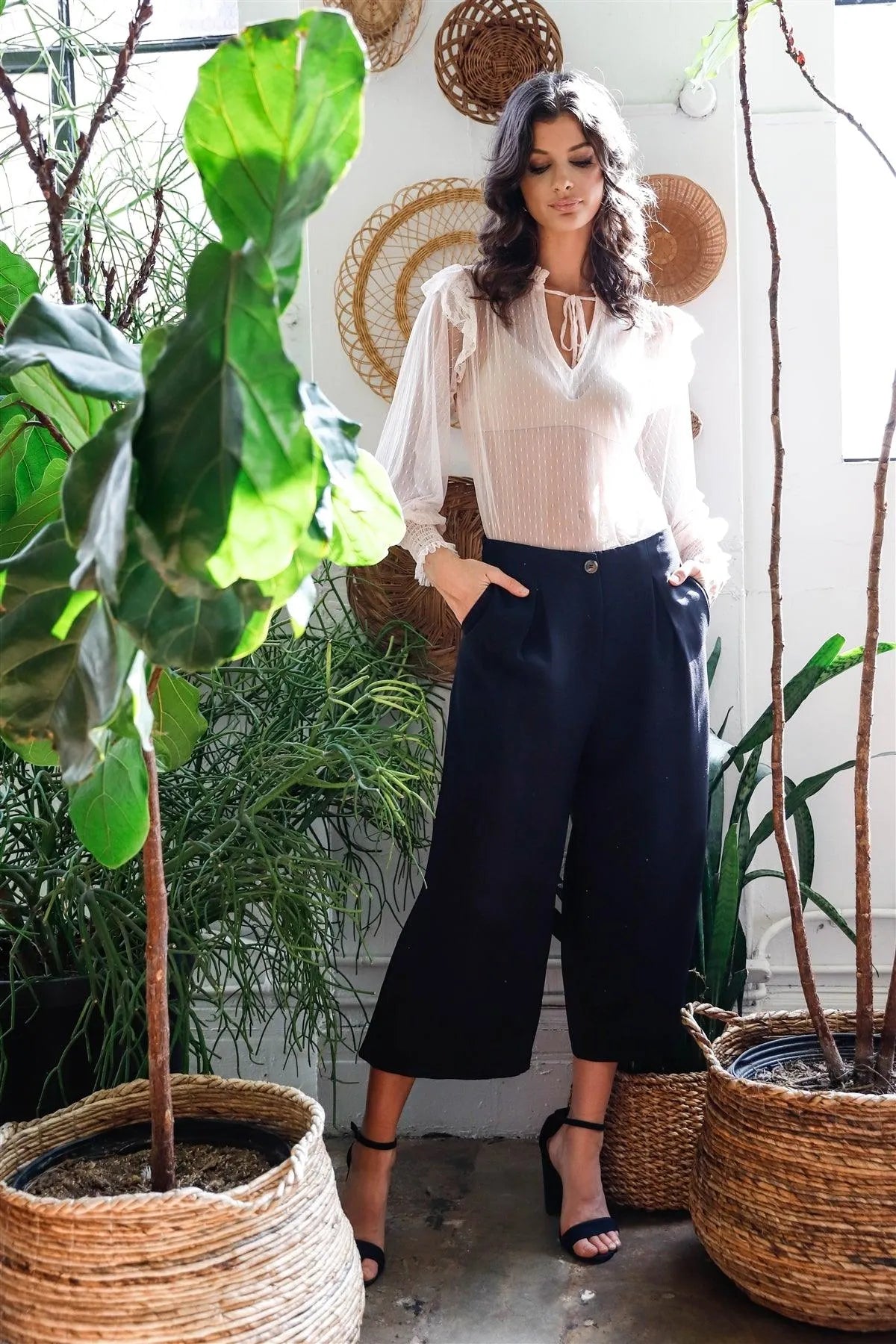 Black Fold Pleated Wide Leg Culotte Pants /2-2-1 - Tasha Apparel Wholesale