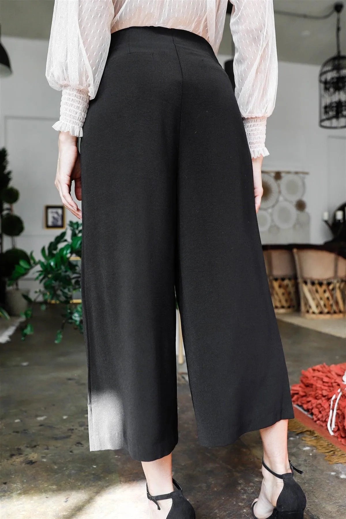 Black Fold Pleated Wide Leg Culotte Pants /2-2-1 - Tasha Apparel Wholesale