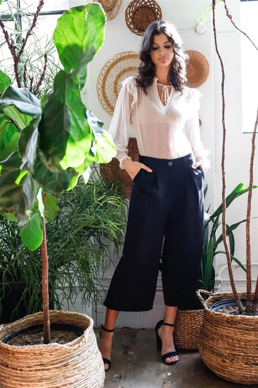Black Fold Pleated Wide Leg Culotte Pants /1-2-2-1 - Tasha Apparel Wholesale