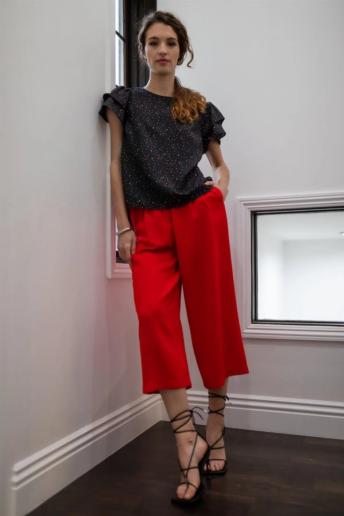 Red Fold Pleated Wide Leg Culotte Pants /1-2-2 - Tasha Apparel Wholesale