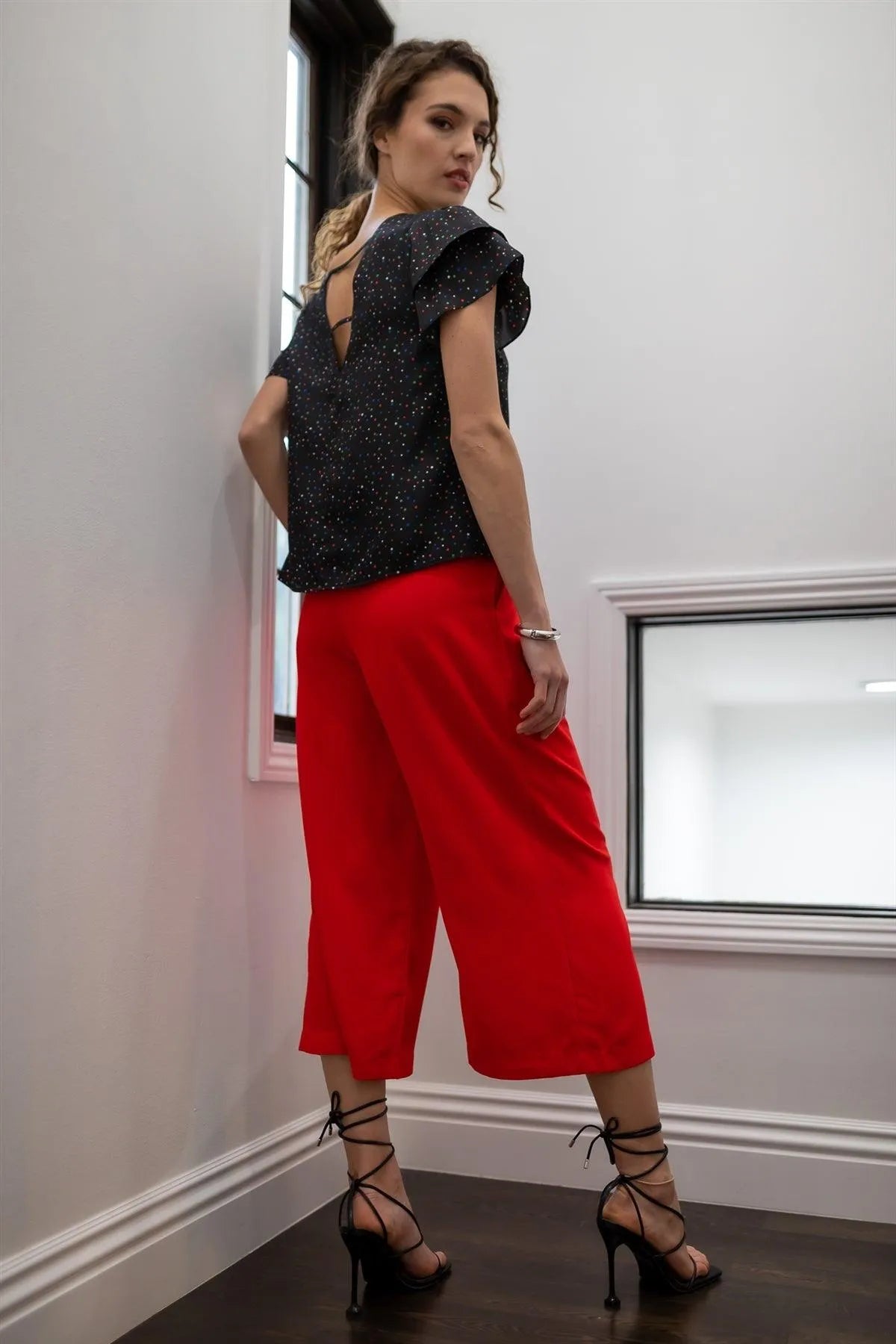 Red Fold Pleated Wide Leg Culotte Pants /1-2-2 - Tasha Apparel Wholesale